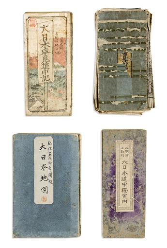 (JAPAN.) Group of 4 large Edo-period panoramic maps of the roadways, waterways, cities, and topography of Japans chain of islands.